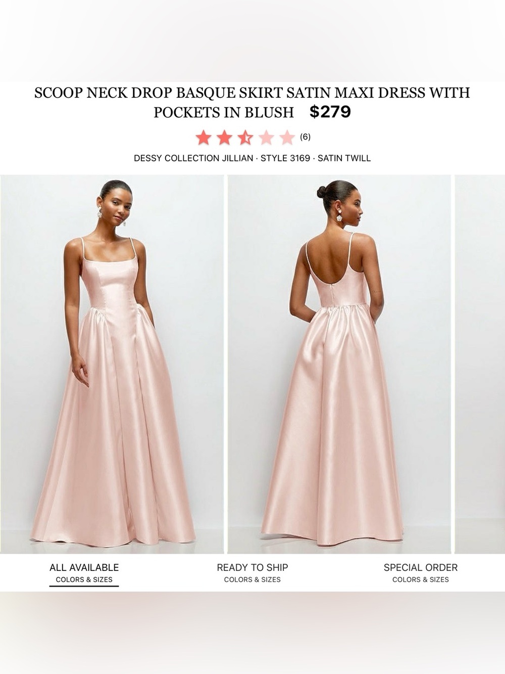 Dessy Collection Satin Maxi Dress in Blush Pink